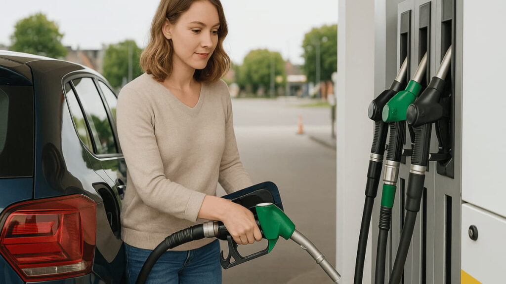 AI-afbeelding van een vrouw bij een tankstation terwijl ze haar auto voltankt.