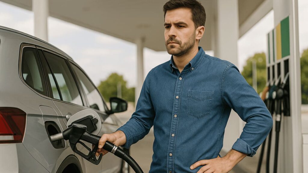 AI-gegenereerde foto van een man die zijn grijze wagen aan de pomp voltankt.