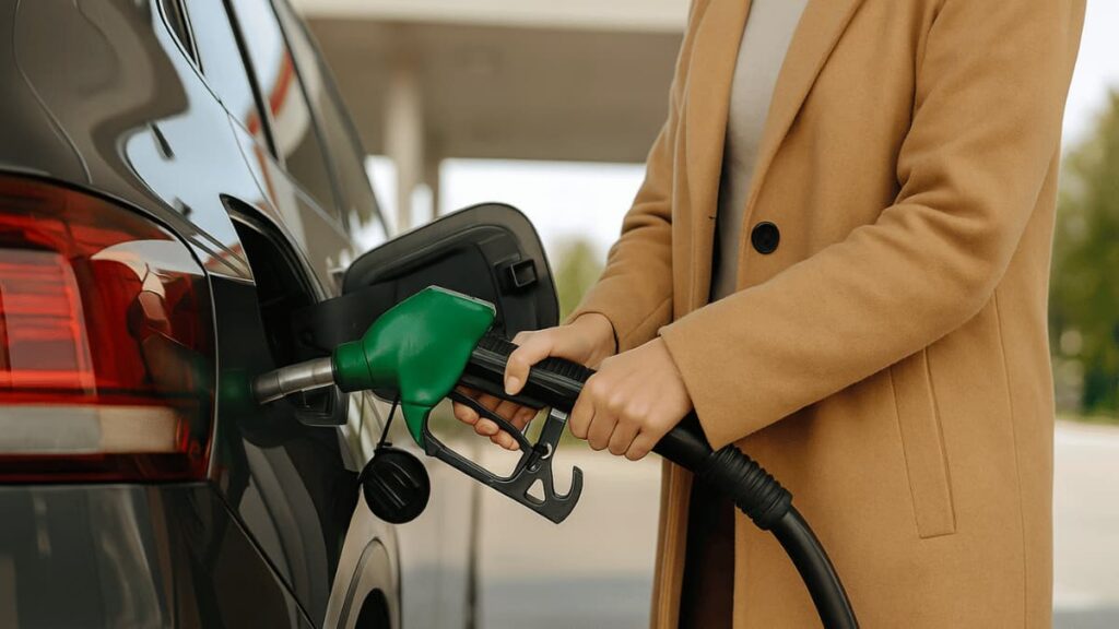 Close-up van een vrouw in een beige jas die haar auto voltankt met een groene brandstofpomp bij een tankstation.